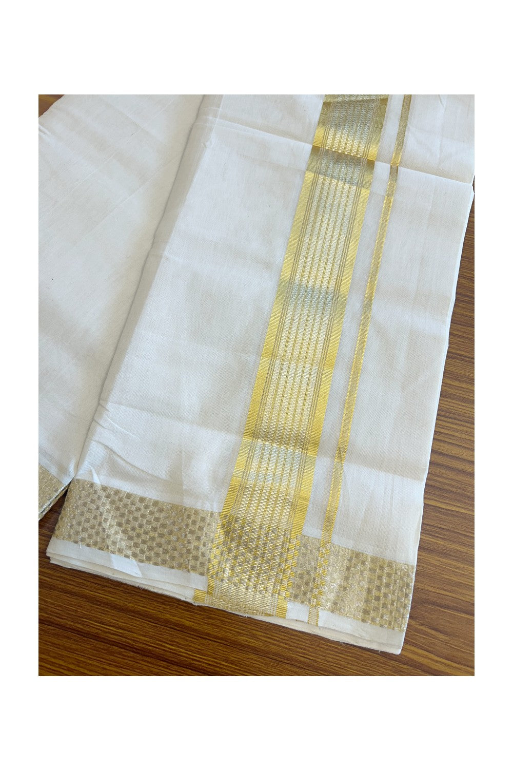 25% DISCOUNT ! KaithariKada HANDLOOM Unakkupaav Balaramapuram - 100% PURE Cotton Off White - (Unbleached) Double Mundu/Dhoti - 3 inch Gold Kasavu & Silver Shaded Striped Design Kara - 9KK5107ABH