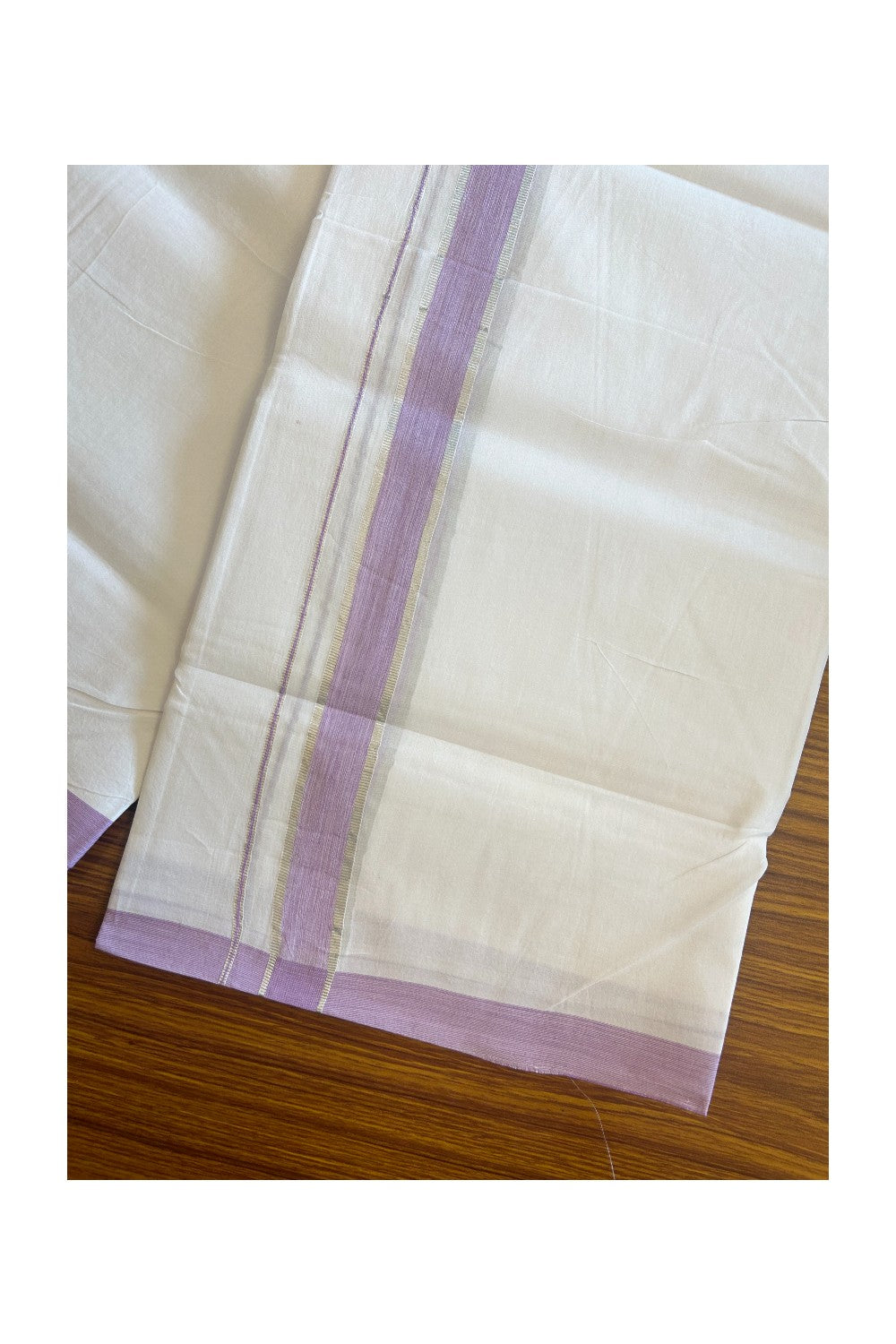 30% DISCOUNT! KaithariKada BALARAMAPURAM HANDLOOM UNAKKUPAAV - 100% PURE Cotton PURE WHITE Double Mundu/Dhoti - 1 inch Silver Kasavu & Lavender Pink Shaded Kara - 9KK5129YAR