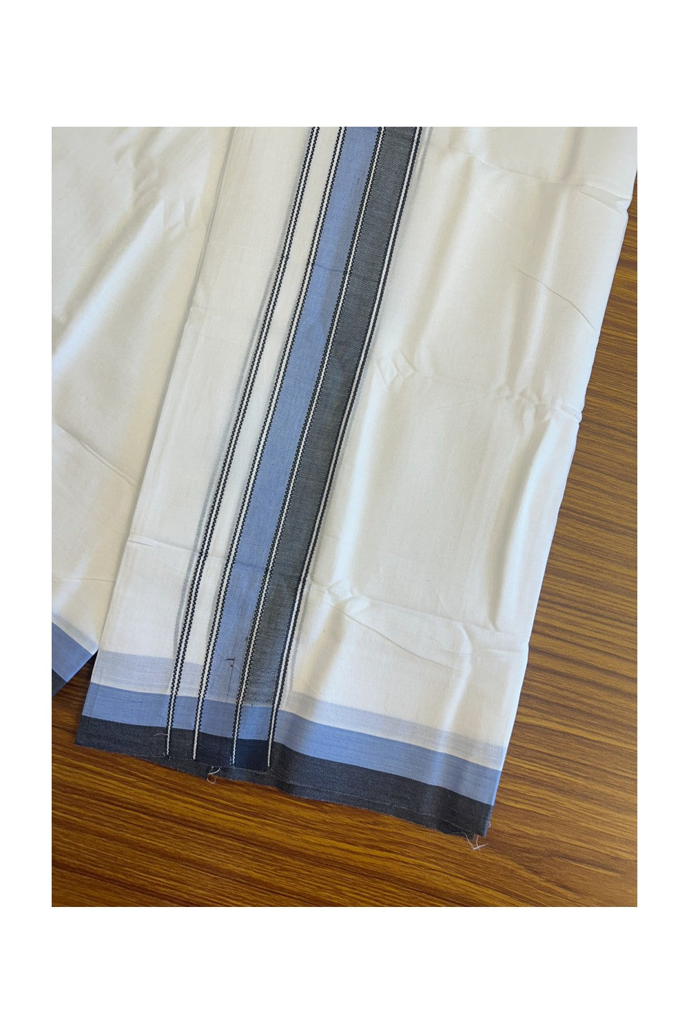 28% DISCOUNT! KaithariKada Balaramapuram 100% Cotton PURE WHITE Double Mundu/Dhoti - 100x80 - 1.75 inch Blue & Black shaded designer kara - 9KK5134THI