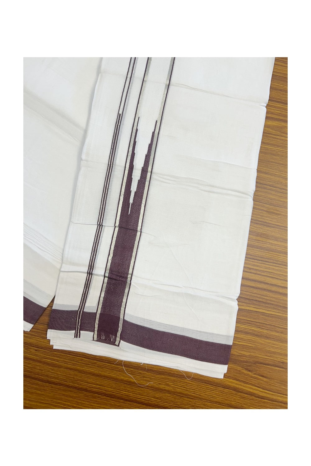 25% DISCOUNT! KaithariKada Balaramapuram 100% Mercerised Cotton Double ULTRA PURE white Mundu/Dhoti - 120x120 - 1.5 inch Heavy Chutty Silver kasavu Dark Purple Kara - 9KK5139THI