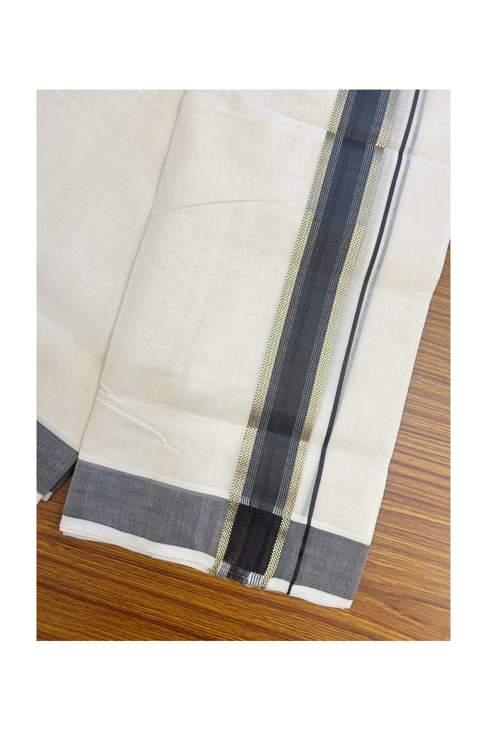 25% DISCOUNT!! KaithariKada HANDLOOM MILLPAAV Balaramapuram - 100% PURE Cotton OFF White - (Unbleached) Double Mundu/Dothi - 2 inch BROWN colour kasavu & Gold Kasavu Striped kara - 1KK5170RAM