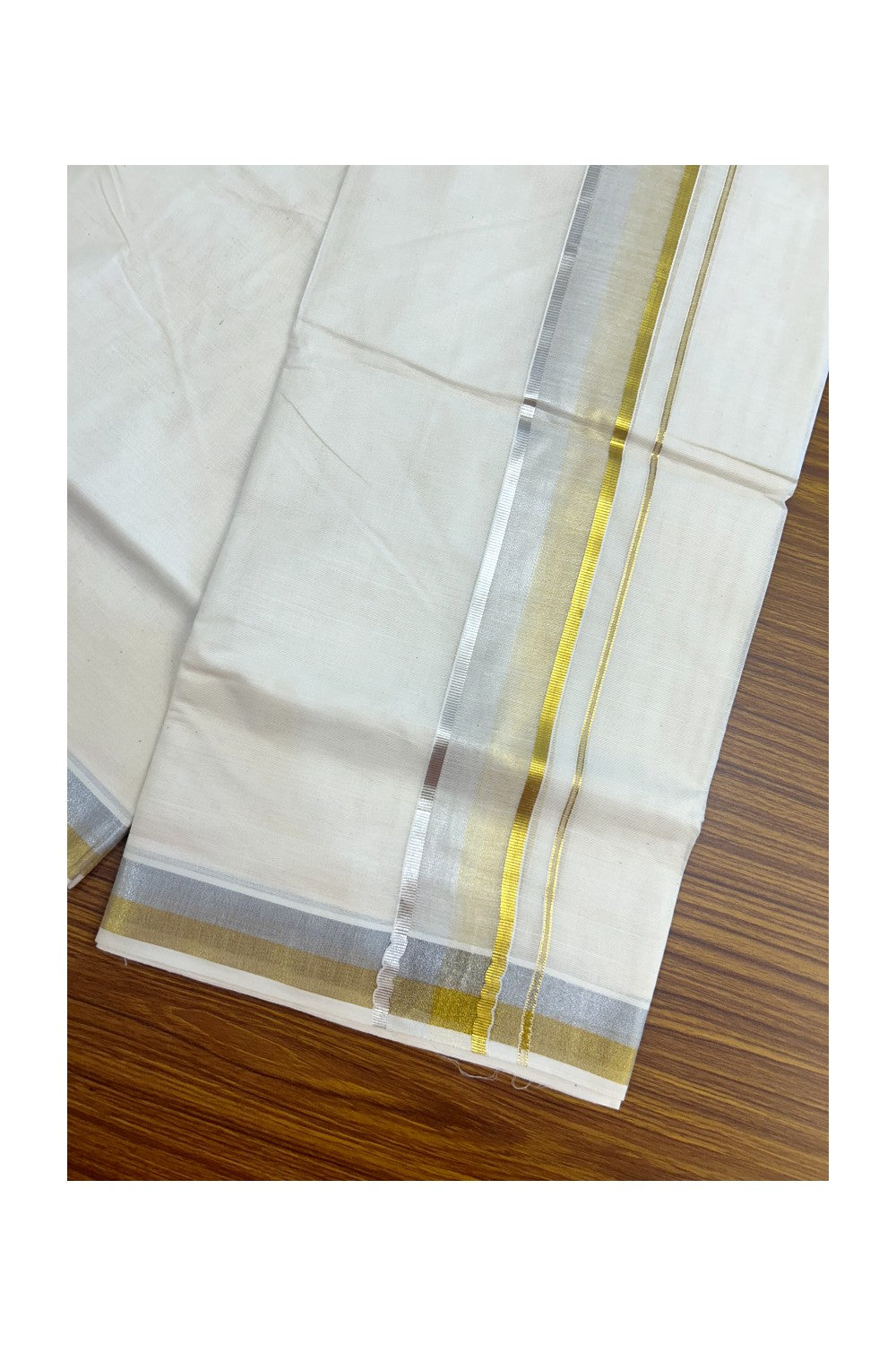 20% DISCOUNT!! KaithariKada Balaramapuram Pure Cotton DOUBLE OFF WHITE - (Ubleached) Mundu/Dhoti - 80x72 - 2 inch KASAVU & SILVER SHADED KARA - 9KK5171GAN