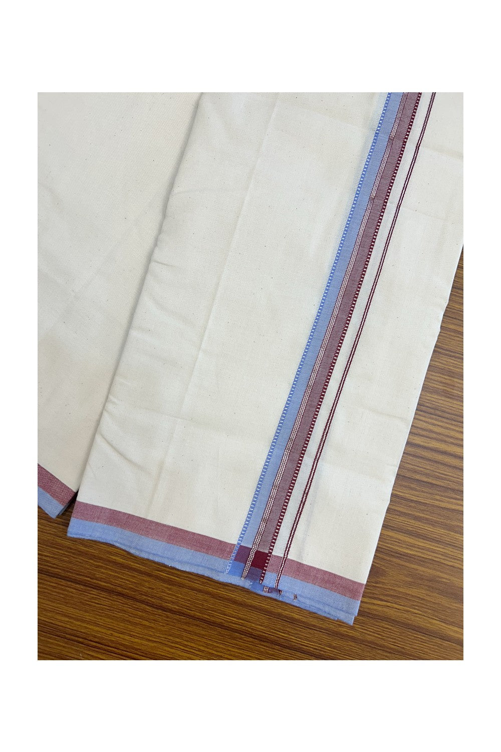 30%DISCOUNT!! SIGNATURE KAITHARIKADA EXCLUSIVE SINGLE DHOTI - 100% Cotton Balaramapuram HANDLOOM Single Mundu/Dhoti - Off White - (Unbleached) 1.25 inch Maroon Lavender & Silver Kasavu Striped Kara (2 meter / 4 muzham)- 9KK5173KAI
