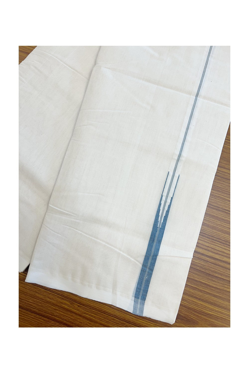 25% DISCOUNT!! KaithariKada HANDLOOM MILPAAV Balaramapuram - 100% PURE Cotton OFF White Double - (Unbleached) Mundu/Dothi - 100x100 - 0.75 Inch Peacock blue striped chutty - 8KK5177RAM