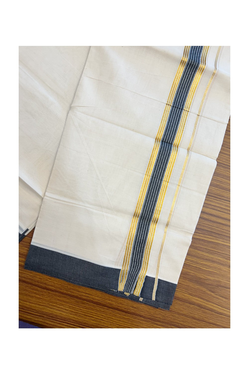 20% DISCOUNT! KaithariKada Balaramapuram Double OFF WHITE Mundu/Dhoti - 80x80 - 1.5 Inch Gold Kasavu & Black Shaded striped Kara - 9KK5182VAS