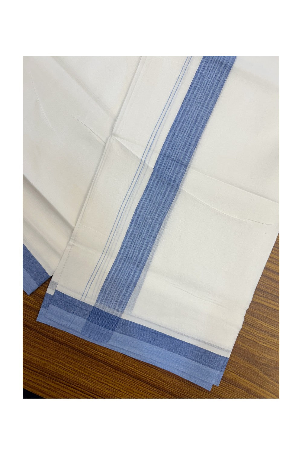 20% Discount ! Kaitharikada Balaramapuram 100% Cotton PURE WHITE Double Mundu/Dothi - 100x80 - 1.5 inch Light Blue & Deep Blue Striped Kara - 9KK5183VIN