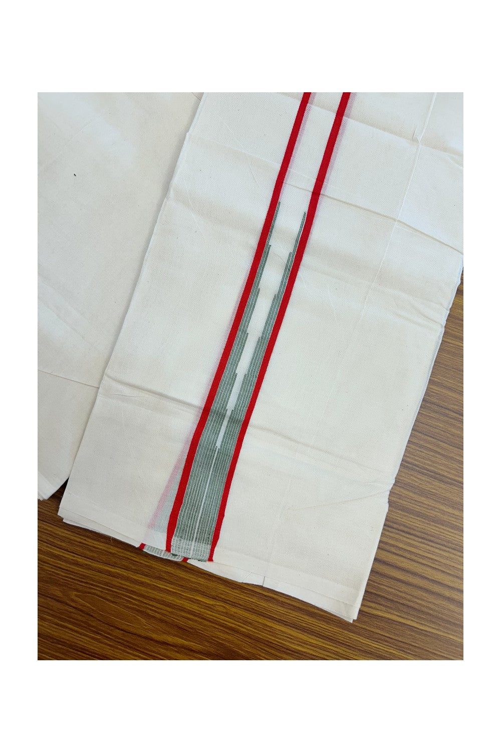 20% Discount ! Kaitharikada Balaramapuram 100% Cotton Double Off white (Unbleached) Mundu/Dhoti - 100x80 - 1.5 inch Red & Green Stripes Chutty Kara - 9KK5186CKS
