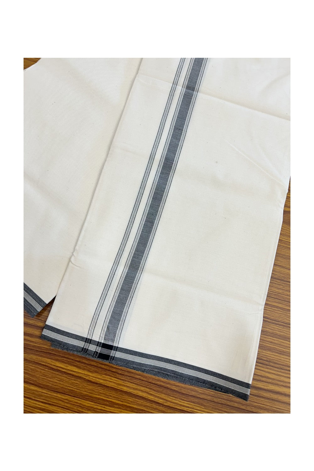 20% DISCOUNT ! KaithariKada Balaramapuram 100% COTTON SINGLE OFF WHITE - (Unbleached) Mundu/Dhoti-Twisted 100s Thread- 0.75 inch Black Shaded Striped Kara (2 metre - 4 muzham) - 9KK5203ASH
