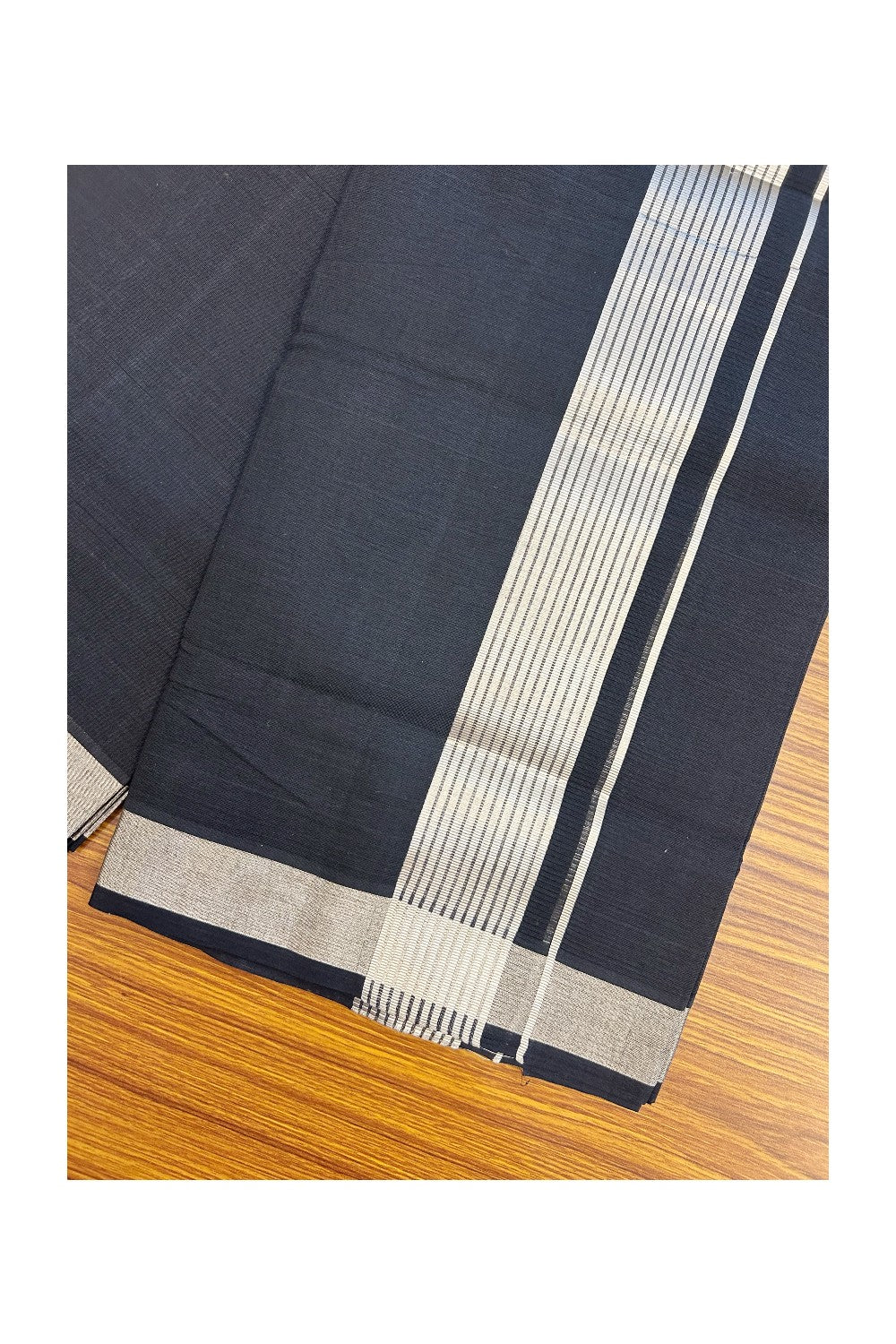 25% Discount! KaithariKada Handloom UNAKKUPAAV Balaramapuram - 100% Cotton Double Mundu/Dhoti - Black Colour Body - 2 inch Silver Kasavu Striped Design Kara- 9KK5206ABH