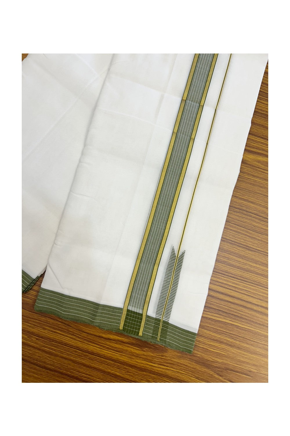 25% Discount!! NEW ULTRA PURE WHITE HANDLOOM Balaramapuram - 100% Mercerised Cotton Double Mundu/Dhoti - 120 twisted warp x 80s weft - 1.5 inch Puliyilakkara Gold Kasavu & Sage Green Striped Chutty Kara- 9KK5209 REA