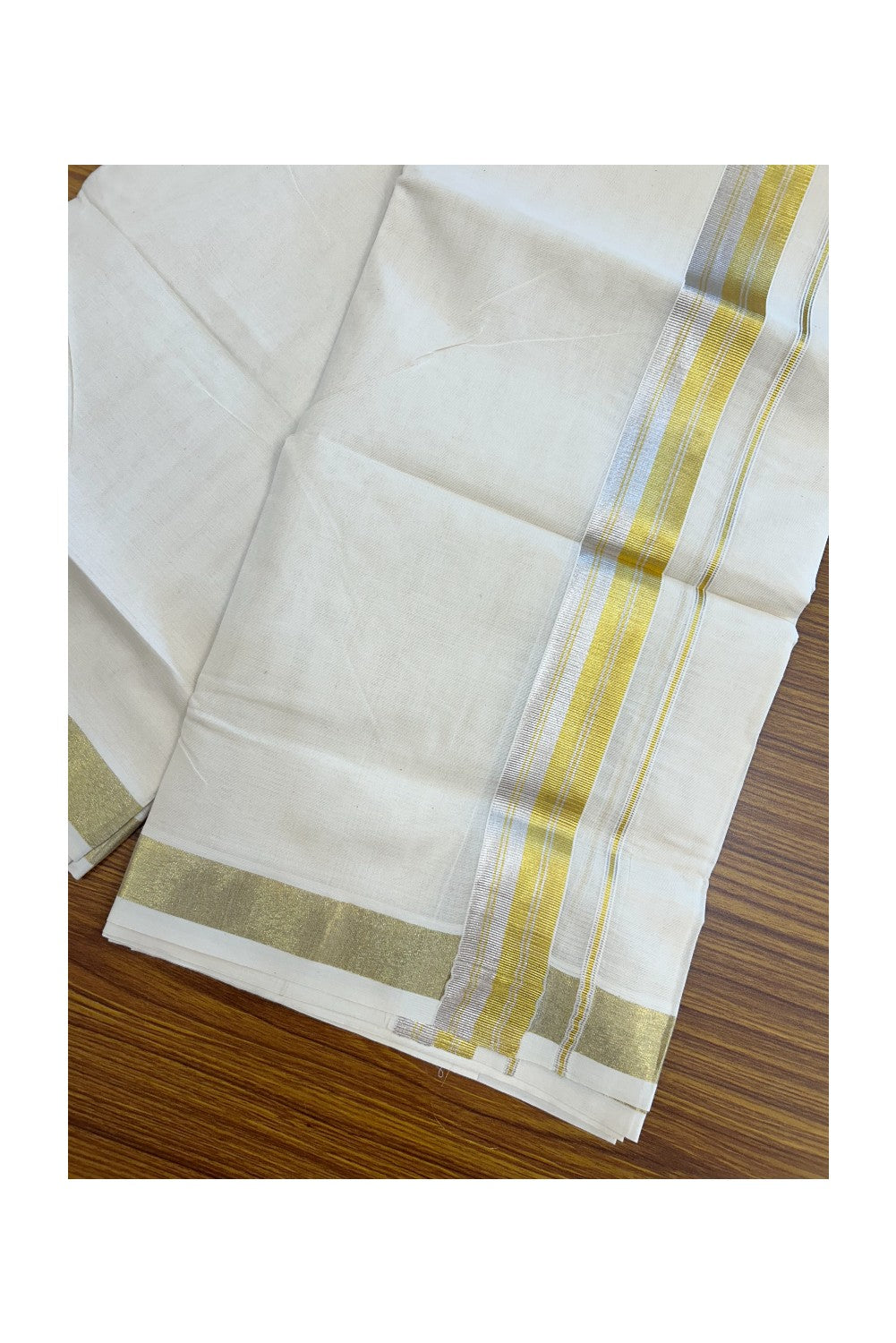 20% DISCOUNT ! KaithariKada Balaramapuram - 100% PURE Cotton Off White - (Unbleached) Double Mundu/Dhoti - 100X80 - 1.5 inch Gold Kasavu & Silver Kasavu Striped Kara - 9KK5212 VIN