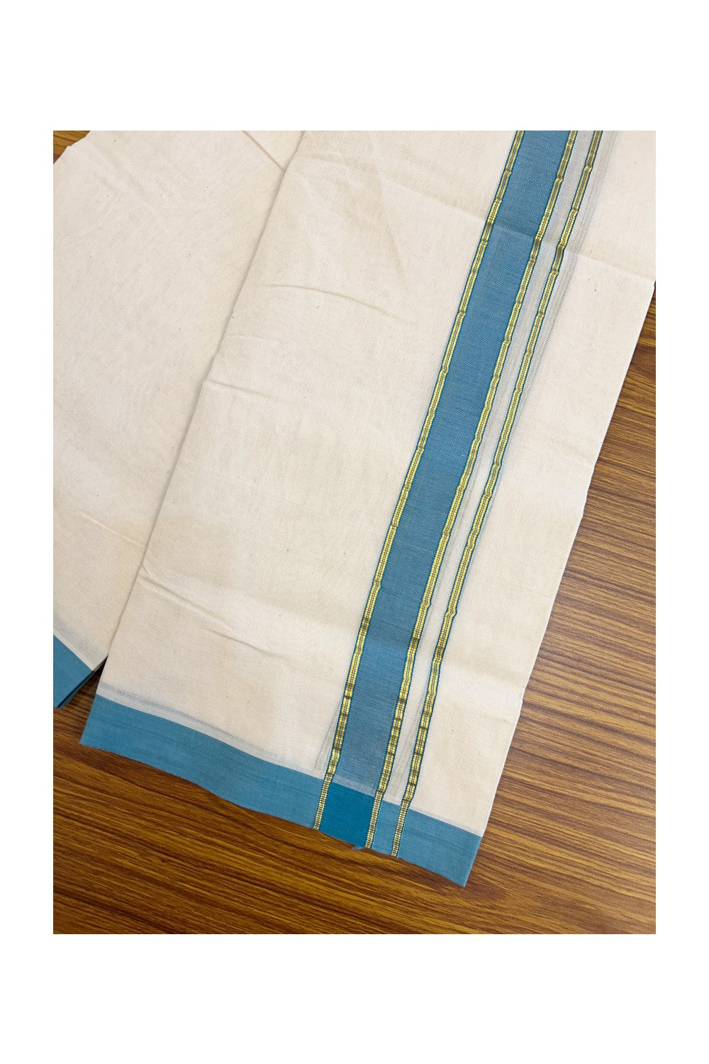 NEW !! 20% DISCOUNT!! KaithariKada Balaramapuram 100% Cotton Double Off white - (Unbleached) Mundu/Dhoti-100x80 - 1.5 inch Gold Kasavu & Peacock Blue Shaded Striped KARA - 3.75 mtr (8 Muzham) - 9KK5218 ASH