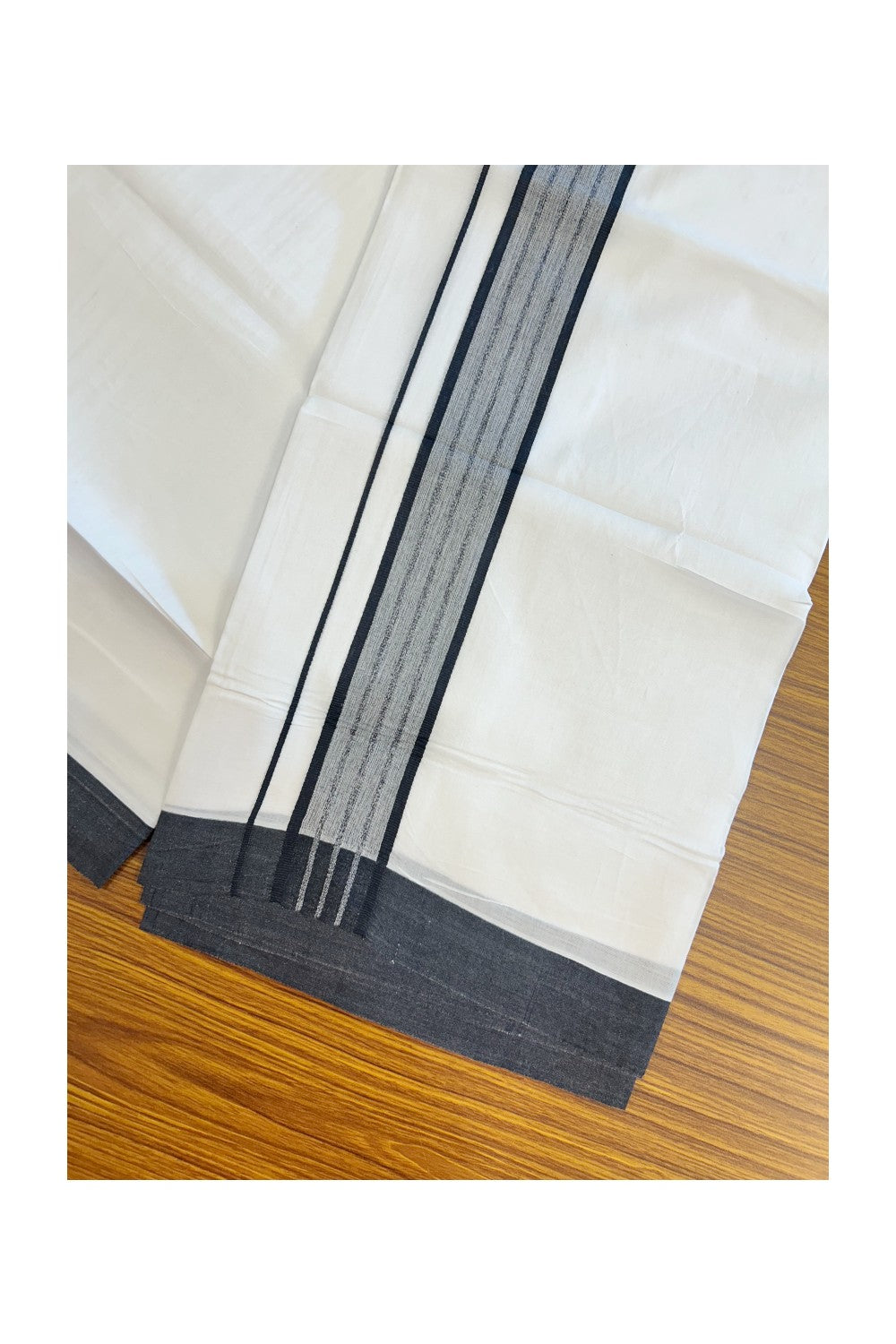 20% DISCOUNT!!! KaithariKada Balaramapuram 100% Cotton DOUBLE PURE WHITE Mundu/Dhoti - 100X80 - 1.75 Inch Black Shaded Stripes kara 3.75 mtr (8 muzham) - 9KK5220 THI