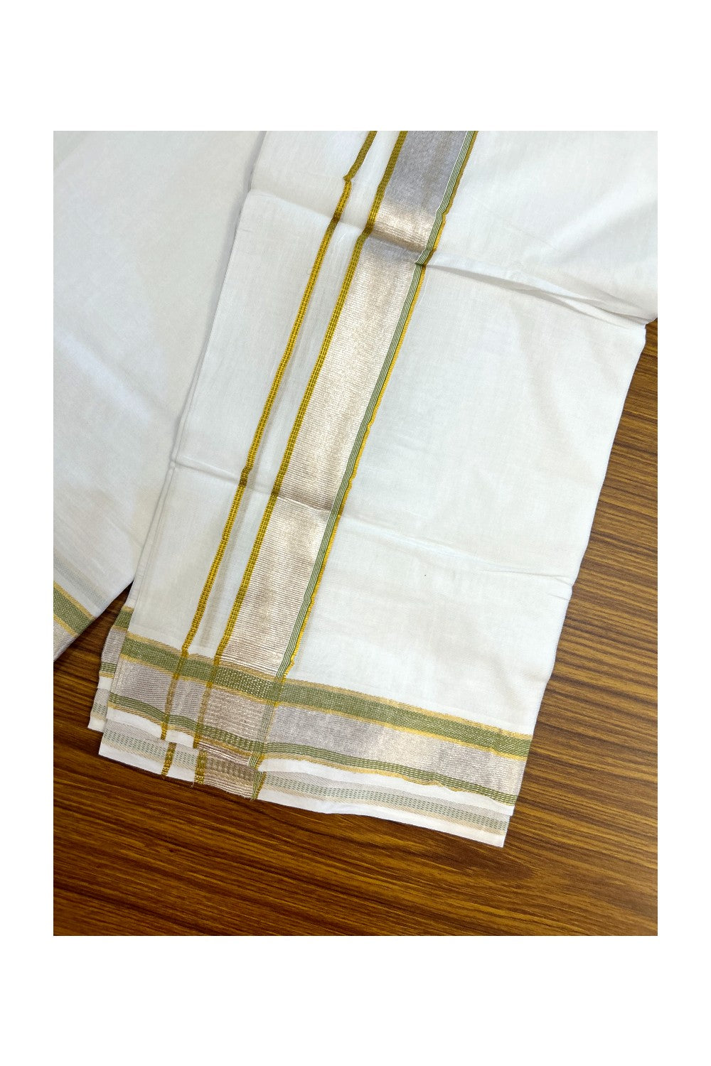 17% DISCOUNT! KaithariKada Balaramapuram 100% Cotton Double PURE WHITE Mundu/Dhoti - 100x100 - 1.5 inch Sage Green Silver Kasav & Gold Kasavu Stripes Kara - 9KK5221 GAN