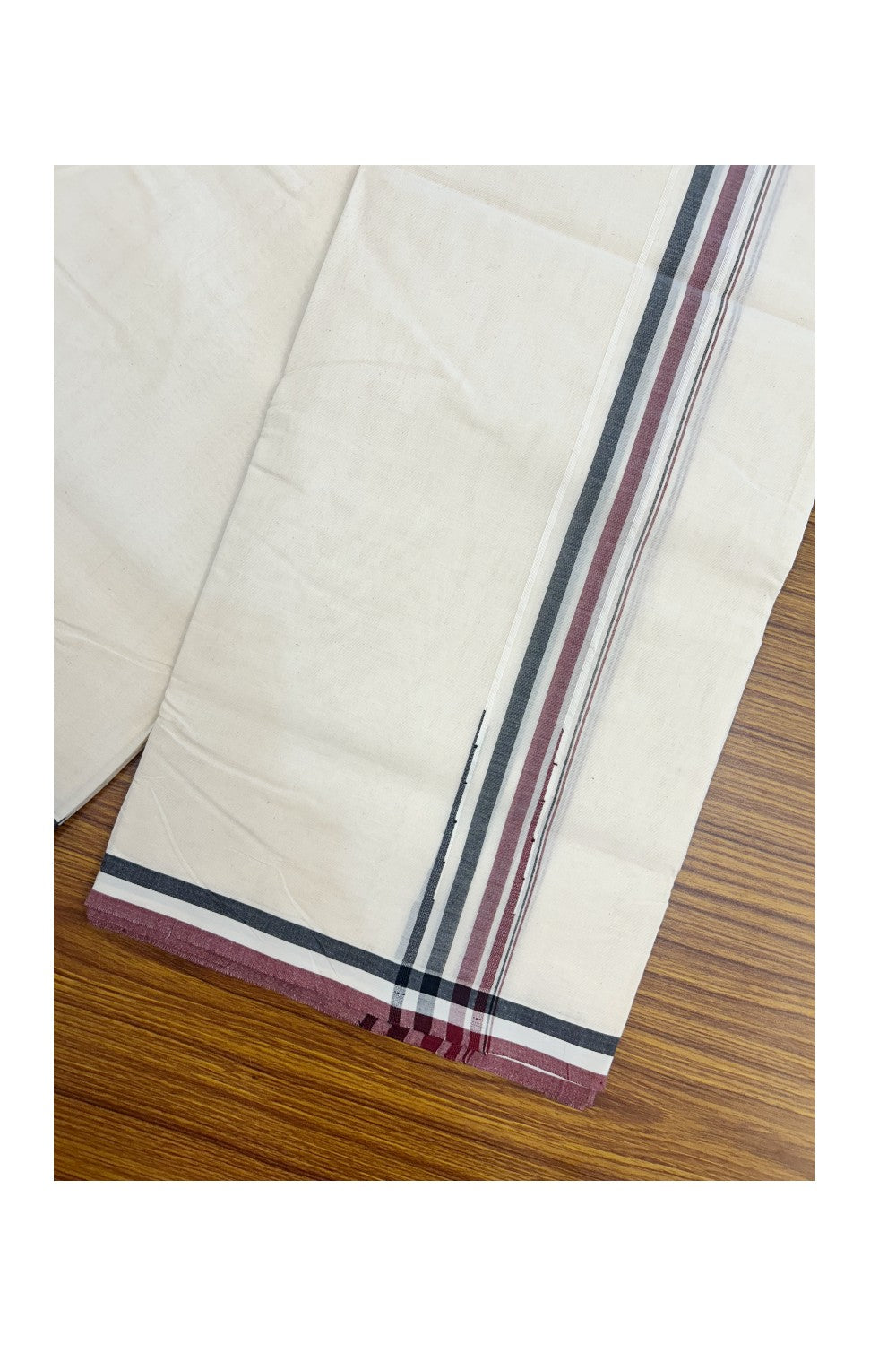 ADMK VESHTI - 20% DISCOUNT! KaithariKada 100% Cotton off white Double - (Unbleached) Mundu/Dhoti - 100X100 - 2.25 inch Puliyilakkara Black White & Maroon Shaded Chutty kara - 9KK5226 ASH