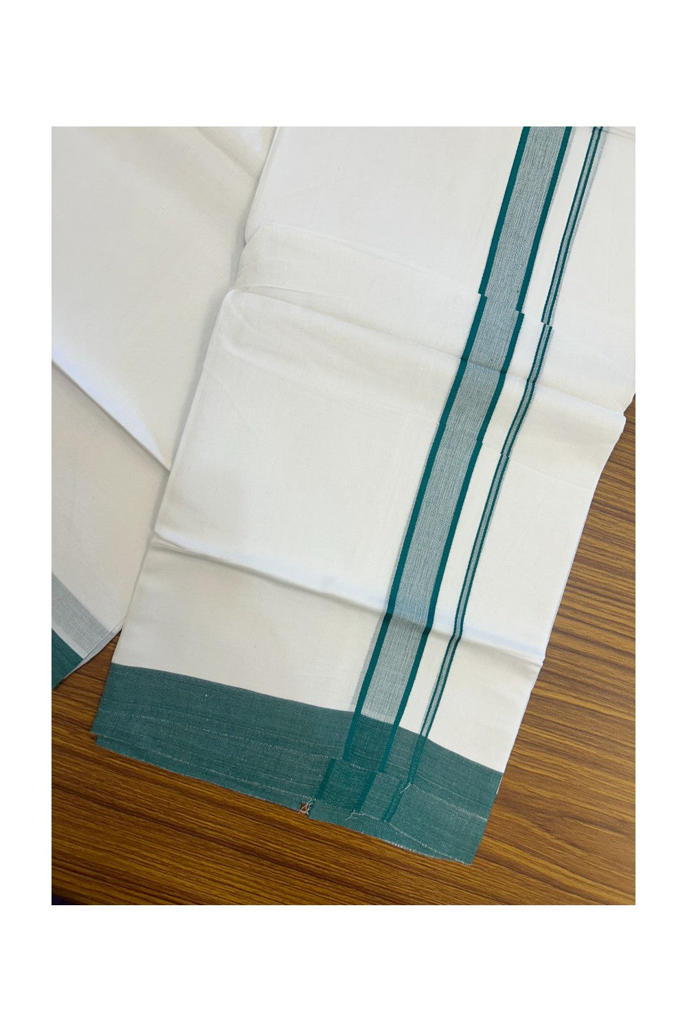 30% DISCOUNT! KaithariKada Balaramapuram 100% Cotton Double Pure white Mundu/Dhoti-( 60s ) - 1 inch Green Shaded Kara - 3.86mtr ( 8 muzham) - 9KK5227 PMC