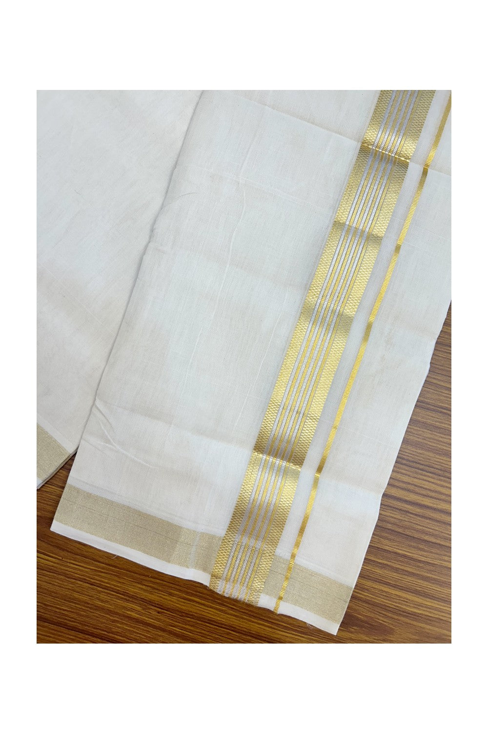 25% DISCOUNT ! KaithariKada HANDLOOM Unakkupaav Balaramapuram - 100% PURE Cotton OFF WHITE - (Unbleached) Double Mundu/Dhoti - 80x90 - 1.75 inch Gold Kasavu & Silver Stripes Jacquard Design Kara 4 mtr (8.5 Muzham) - 8KK5231 ABH