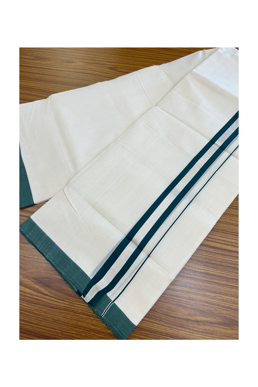 25% Discount!!! KaithariKada HANDLOOM MILLPAAV Balaramapuram - 100% PURE Cotton OFF WHITE (Unbleached) Double Mundu/Dhoti - 80x90 - 1.25 inch Silver kasavu striped Green kara 4 Mtr (8.5 Muzham) - 9KK5235 YAR