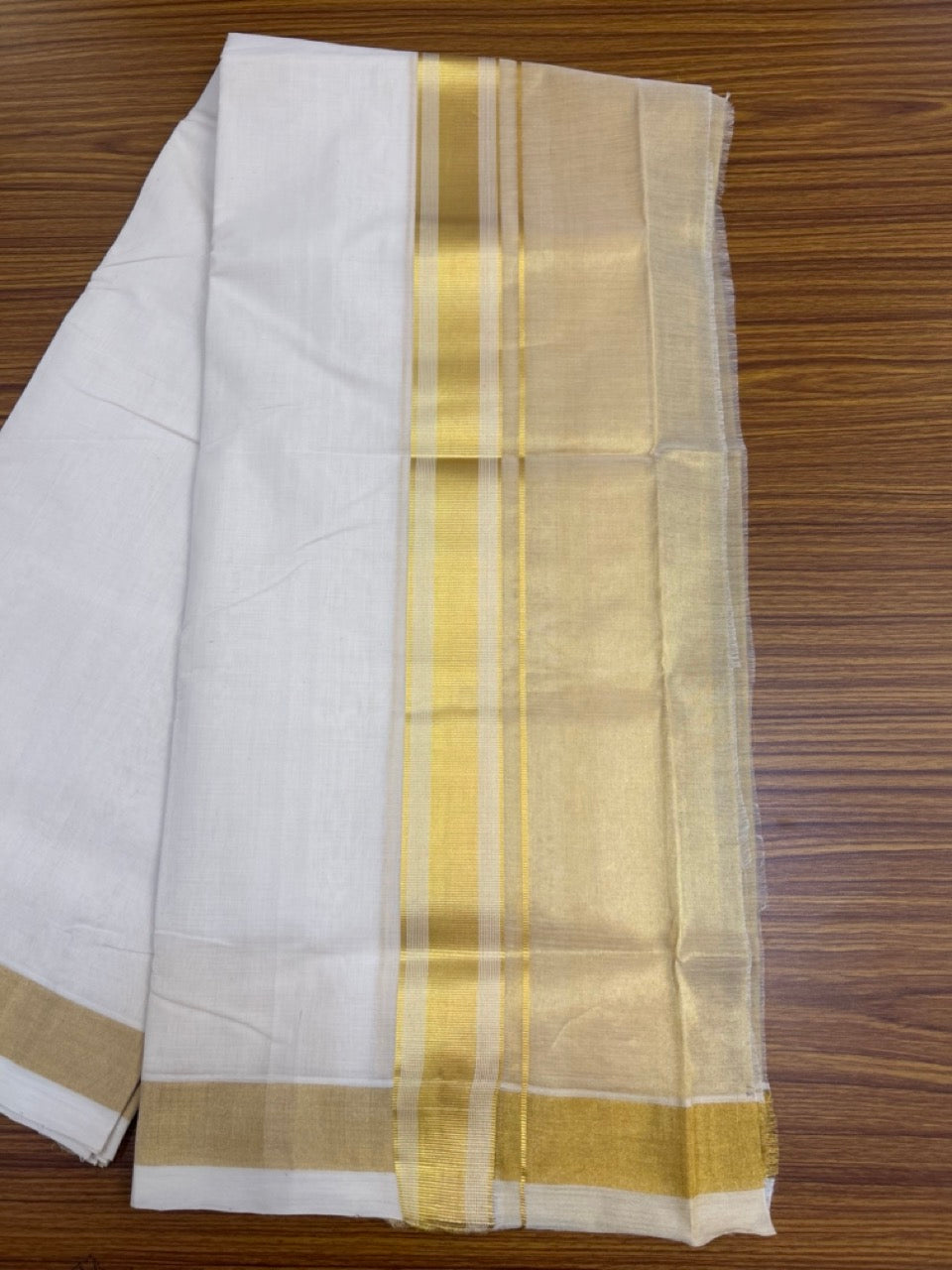 25% Discount ! KaithariKada Handloom Milpaav Balaramapuram - Pure Cotton Off White - (Unbleached) Double Mundu/Dhoti - (80X90s) - 7 inch Gold Kasav Striped & Half Tissue Kara - 99 KK5256 RAM
