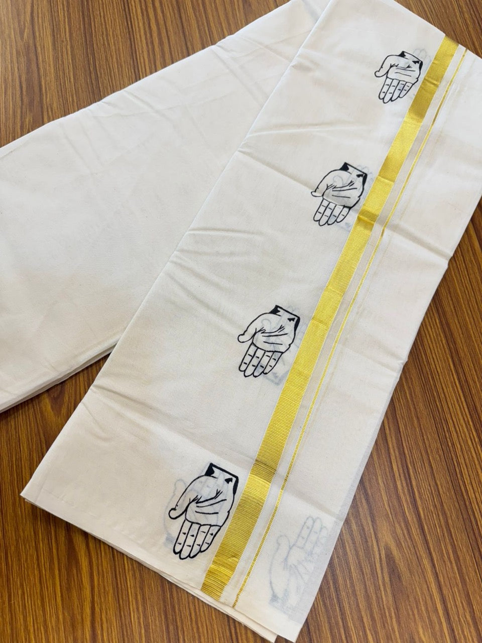 CONGRESS VESHTI - KaithariKada Balaramapuram 100% Cotton Double Off white - (Unbleached) Mundu/Dhoti-100x80 - 0.75 inch Hand Painted Gold Kasav & Kaipathi Design Kara 3.80 mtr (8 muzham) - 17 KK5244 ASH