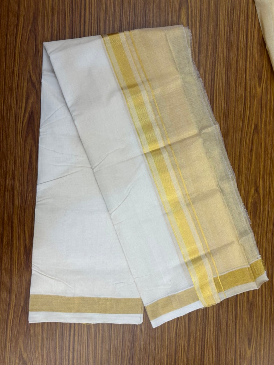 25% Discount ! KaithariKada Handloom Milpaav Balaramapuram - Pure Cotton Off White - (Unbleached) Double Mundu/Dhoti - (80X90s) - 7 inch Gold Kasav Striped & Half Tissue Kara - 99 KK5256 RAM