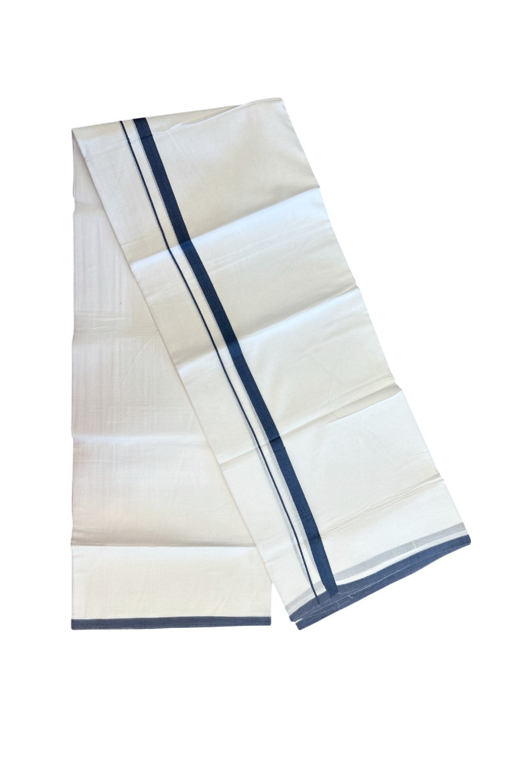 20% Discount ! Kaitharikada Balaramapuram 100% Cotton PURE WHITE Double Mundu/Dothi - 100x80 - 0.5 inch Peacock Blue 3.70 mtr (8 muzham) - 76KK5220 THI