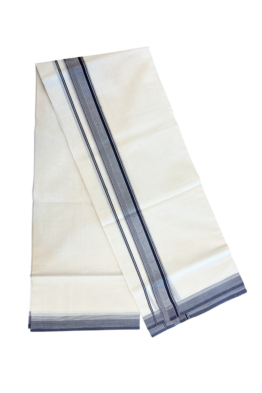 20% DISCOUNT! KaithariKada Balaramapuram 100% Cotton Double OFF WHITE (unbleached) Mundu/Dhoti- 100x80- 1.75 inch Silver Kasavu & Navu Blue Stripes Shaded Kara 4 mtr (8.5 muzham) - 89KK5227 PMC