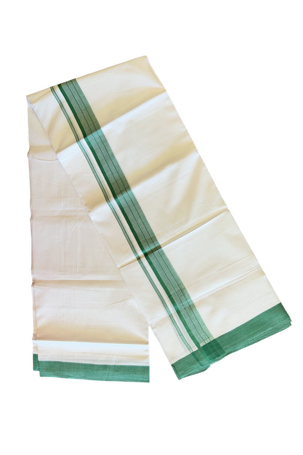 19% DISCOUNT!!! KaithariKada Balaramapuram 100% Cotton Double PURE white Mundu/Dhoti-100x100 2 Inch GREEN Striped kara - 90KK83VIN