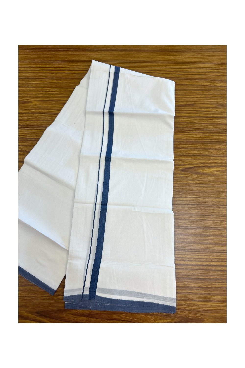20% Discount ! Kaitharikada Balaramapuram 100% Cotton PURE WHITE Double Mundu/Dothi - 100x80 - 0.5 inch Peacock Blue 3.70 mtr (8 muzham) - 76KK5220 THI