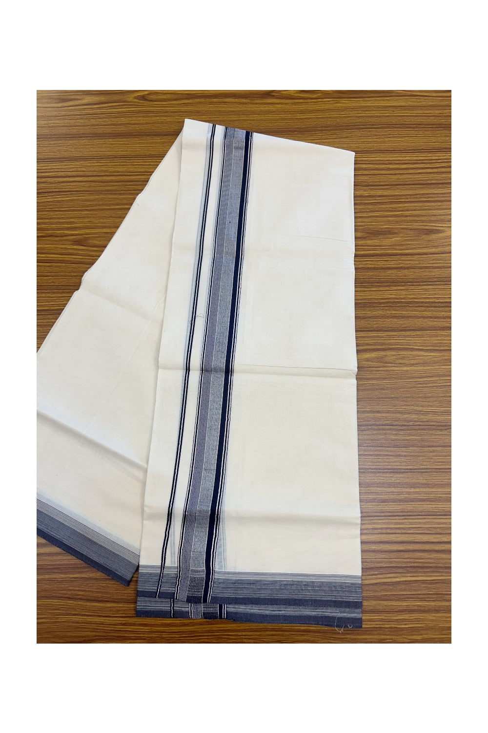 20% DISCOUNT! KaithariKada Balaramapuram 100% Cotton Double OFF WHITE (unbleached) Mundu/Dhoti- 100x80- 1.75 inch Silver Kasavu & Navu Blue Stripes Shaded Kara 4 mtr (8.5 muzham) - 89KK5227 PMC