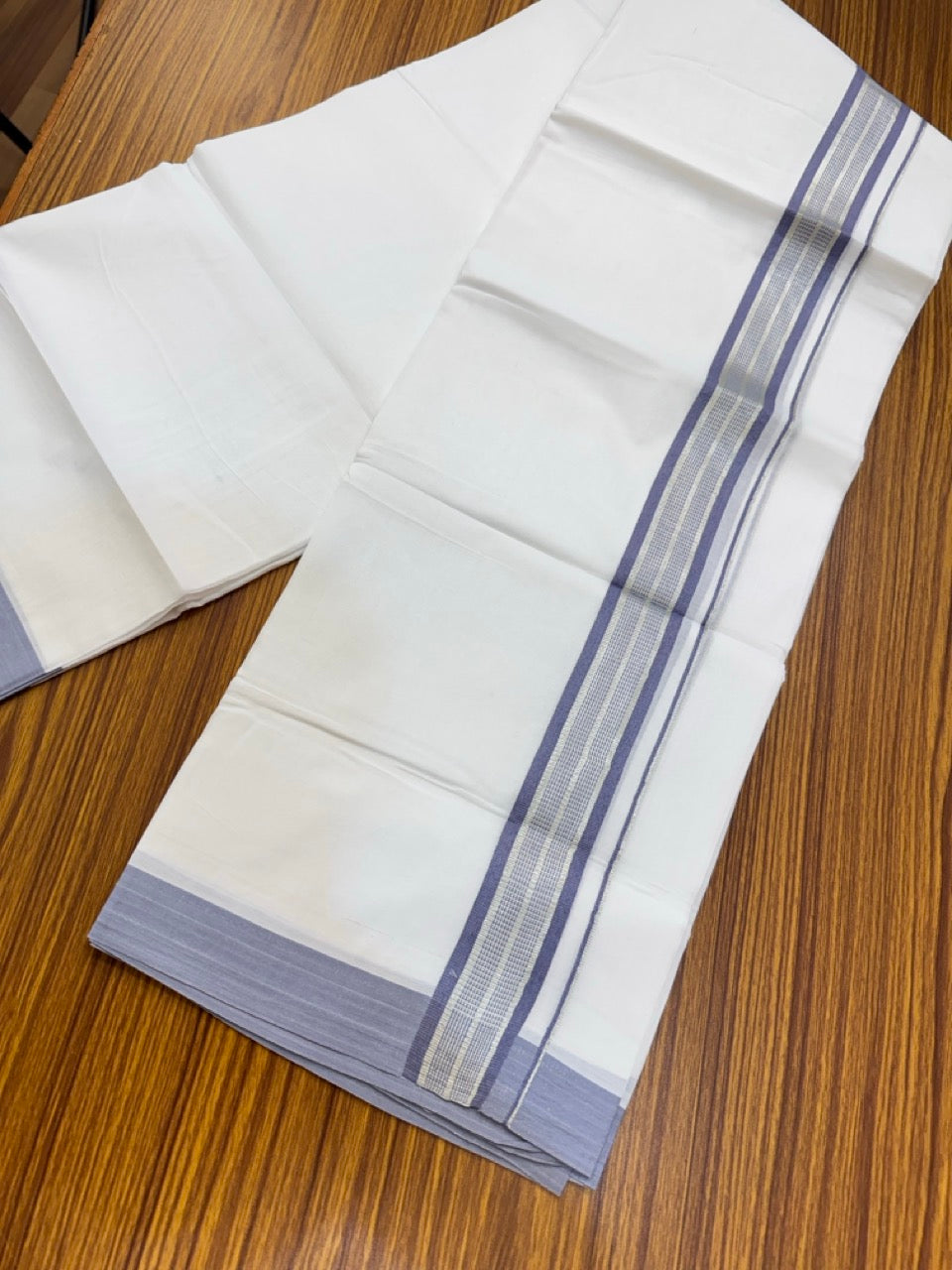Pure White Double 20% Discount! KaithariKada 100% Cotton Pure Cotton Double Mundu / Dhoti - 100x80 - 1.5 inch Lavender Jacquard Silver Kasav Kara 3.80 meter (8 muzham) - 90 KK5220 THI