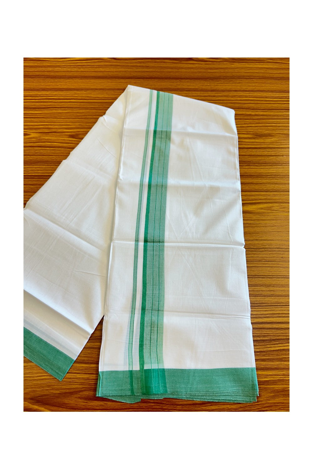 19% DISCOUNT!!! KaithariKada Balaramapuram 100% Cotton Double PURE white Mundu/Dhoti-100x100 2 Inch GREEN Striped kara - 90KK83VIN