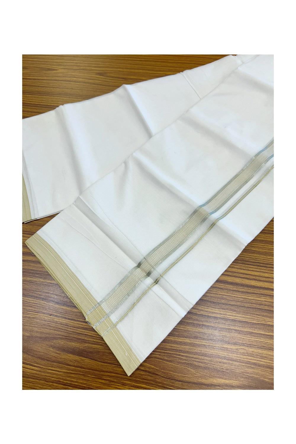20% Discount ! Kaitharikada Balaramapuram 100% Cotton PURE WHITE Double Mundu/Dothi - 100x80 - 0.75 inch Silver Kasav & Mustard Yellow stripes Kara 3.75 mtr (8 muzham) - 89KK5220 THI