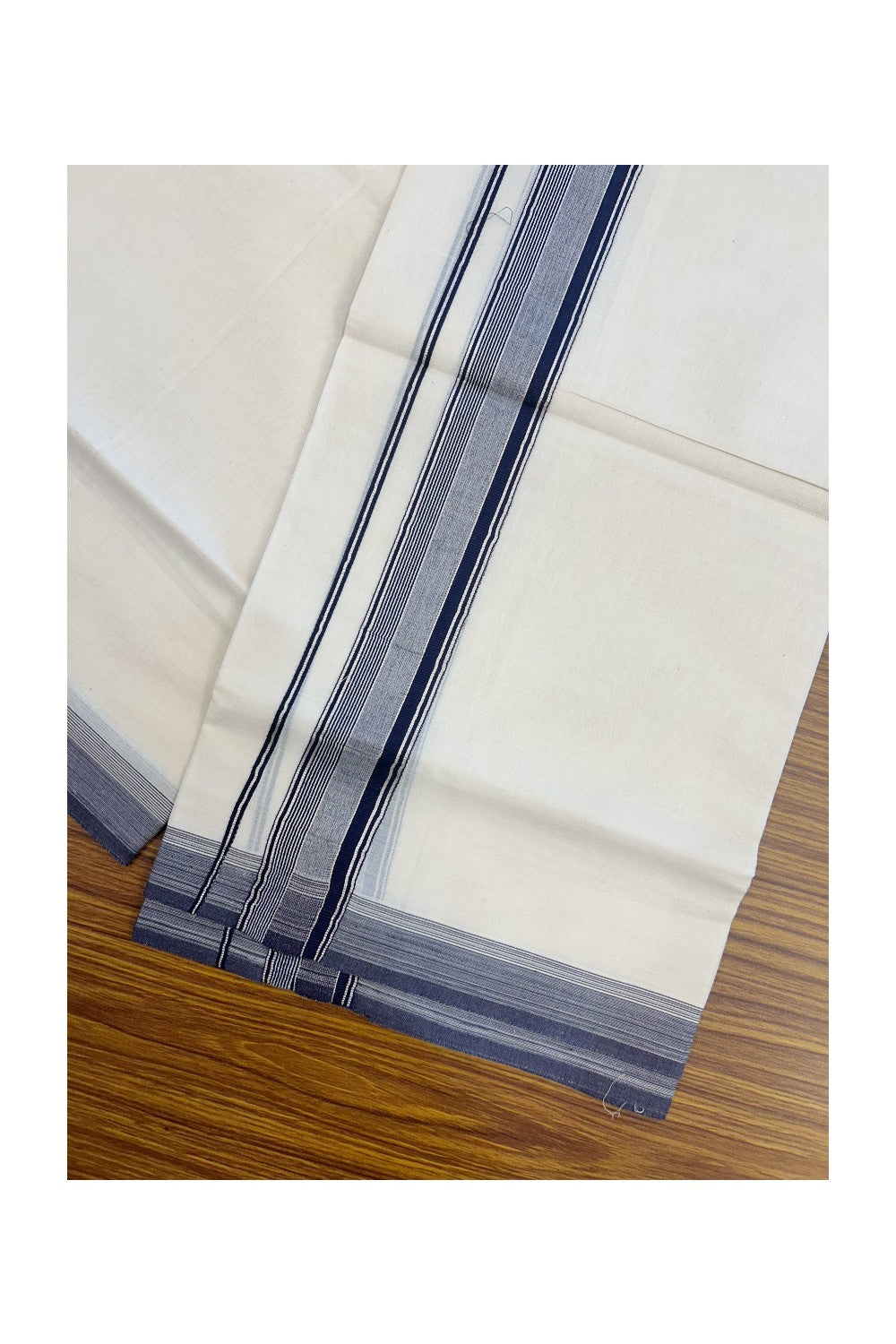 20% DISCOUNT! KaithariKada Balaramapuram 100% Cotton Double OFF WHITE (unbleached) Mundu/Dhoti- 100x80- 1.75 inch Silver Kasavu & Navu Blue Stripes Shaded Kara 4 mtr (8.5 muzham) - 89KK5227 PMC