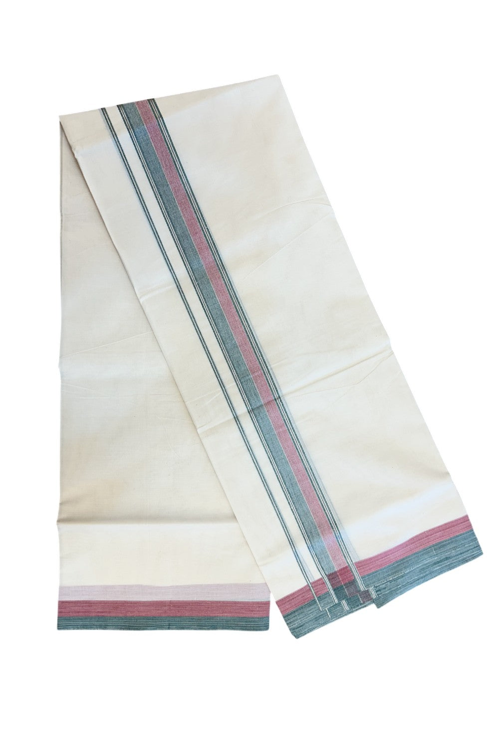 20% DISCOUNT! KaithariKada Balaramapuram 100% Cotton Double OFF WHITE (unbleached) Mundu/Dhoti- 100x80- 1.75 inch Silver Kasavu Red Pink & Dark Green Stripes Shaded Kara 4 mtr (8.5 muzham) - 90KK5227 PMC