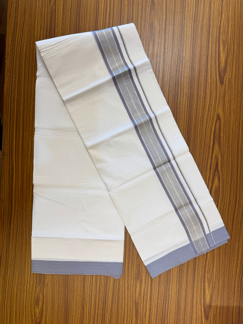 Pure White Double 20% Discount! KaithariKada 100% Cotton Pure Cotton Double Mundu / Dhoti - 100x80 - 1.75 inch Lavender Jacquard Silver Kasav Kara 3.80 meter (8 muzham) - 91 KK5220 THI