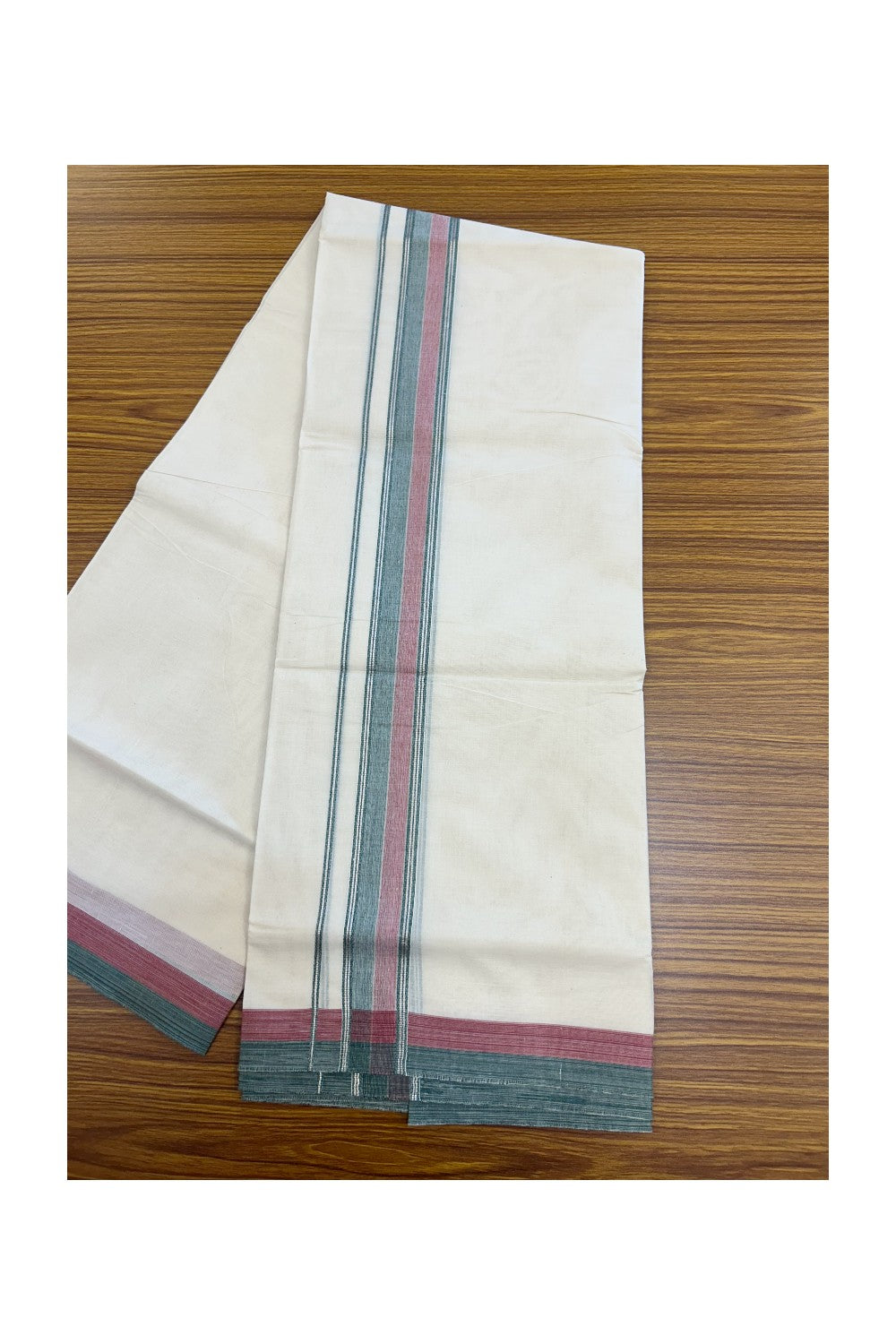 20% DISCOUNT! KaithariKada Balaramapuram 100% Cotton Double OFF WHITE (unbleached) Mundu/Dhoti- 100x80- 1.75 inch Silver Kasavu Red Pink & Dark Green Stripes Shaded Kara 4 mtr (8.5 muzham) - 90KK5227 PMC