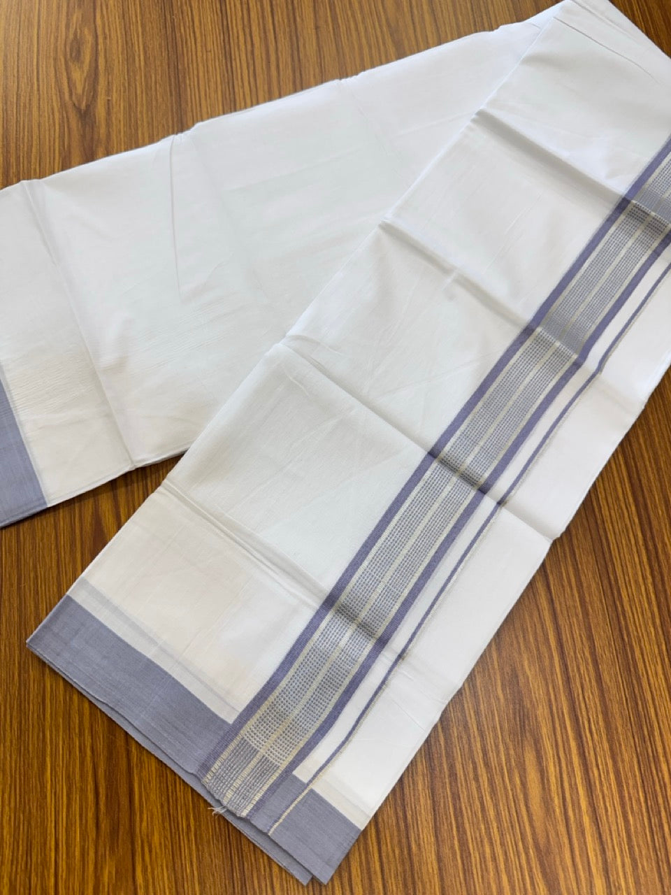 Pure White Double 20% Discount! KaithariKada 100% Cotton Pure Cotton Double Mundu / Dhoti - 100x80 - 1.75 inch Lavender Jacquard Silver Kasav Kara 3.80 meter (8 muzham) - 91 KK5220 THI