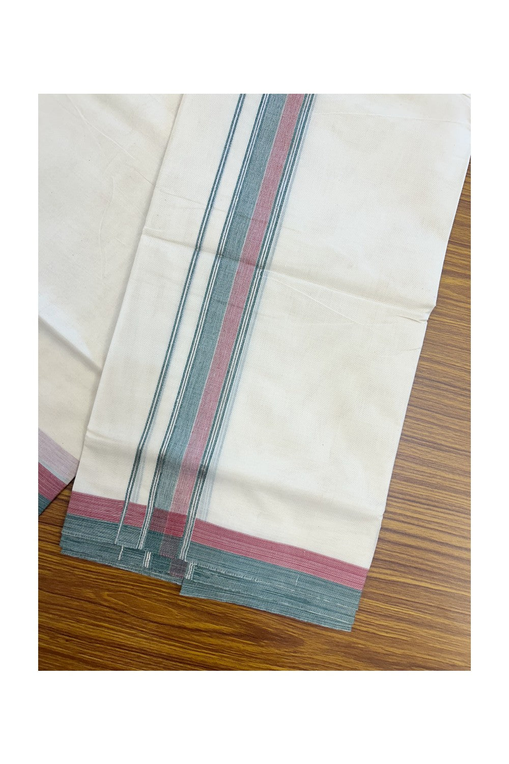 20% DISCOUNT! KaithariKada Balaramapuram 100% Cotton Double OFF WHITE (unbleached) Mundu/Dhoti- 100x80- 1.75 inch Silver Kasavu Red Pink & Dark Green Stripes Shaded Kara 4 mtr (8.5 muzham) - 90KK5227 PMC