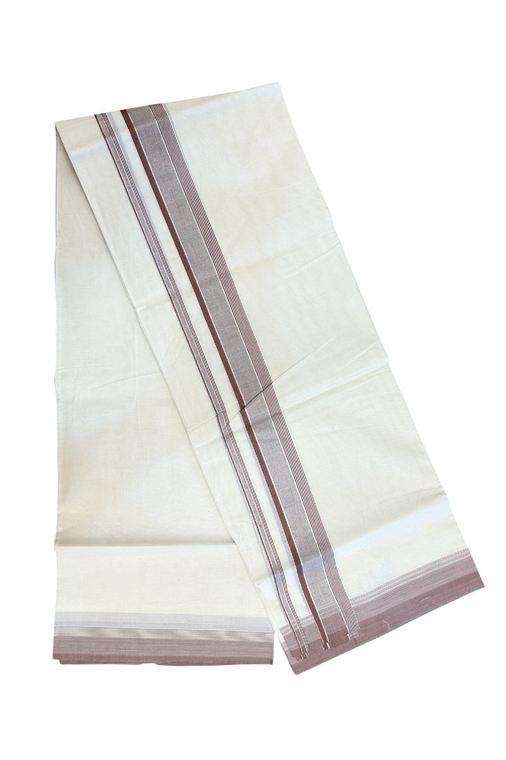 20% DISCOUNT! KaithariKada Balaramapuram 100% Cotton Double OFF WHITE (unbleached) Mundu/Dhoti- 100x80- 1.75 inch Silver Kasavu & Brown Stripes Shaded Kara 4 mtr (8.5 muzham) - 91KK5227 PMC