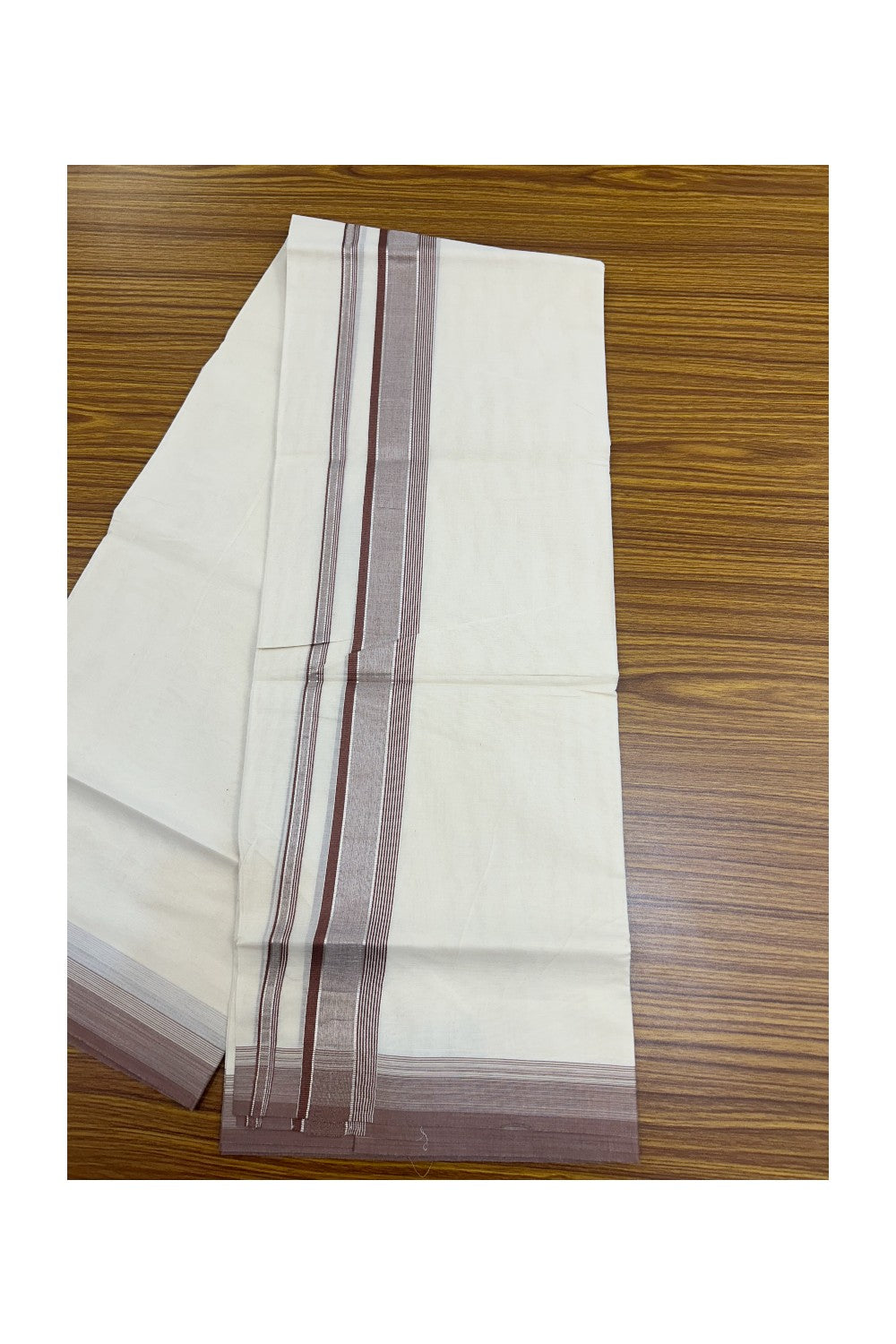 20% DISCOUNT! KaithariKada Balaramapuram 100% Cotton Double OFF WHITE (unbleached) Mundu/Dhoti- 100x80- 1.75 inch Silver Kasavu & Brown Stripes Shaded Kara 4 mtr (8.5 muzham) - 91KK5227 PMC
