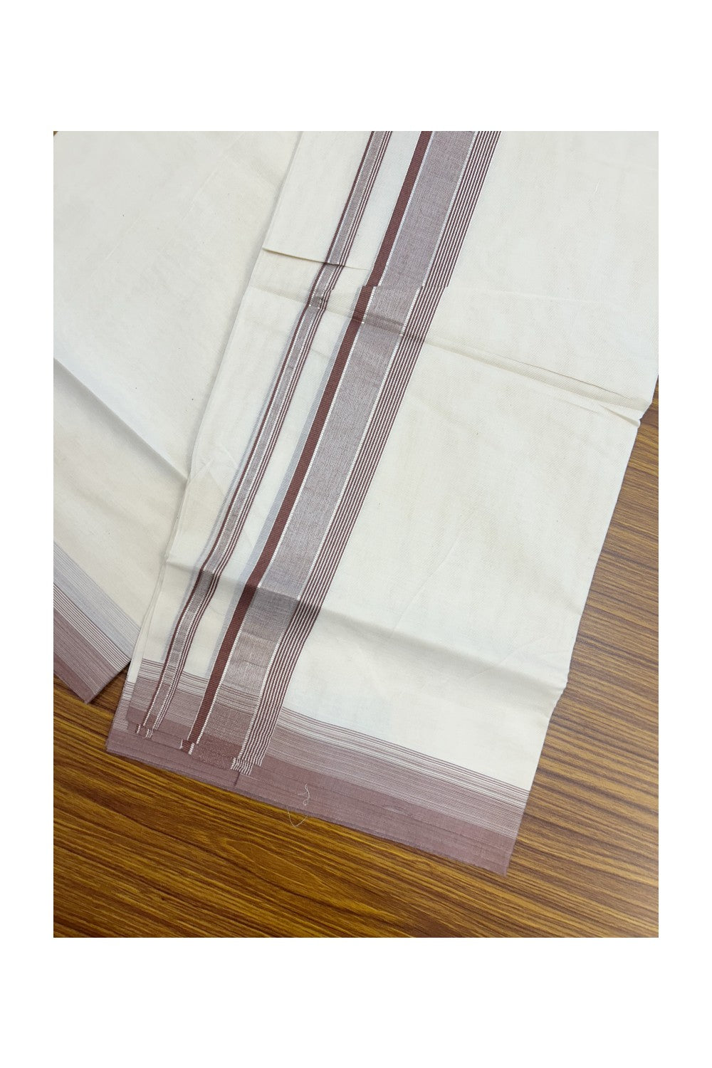20% DISCOUNT! KaithariKada Balaramapuram 100% Cotton Double OFF WHITE (unbleached) Mundu/Dhoti- 100x80- 1.75 inch Silver Kasavu & Brown Stripes Shaded Kara 4 mtr (8.5 muzham) - 91KK5227 PMC