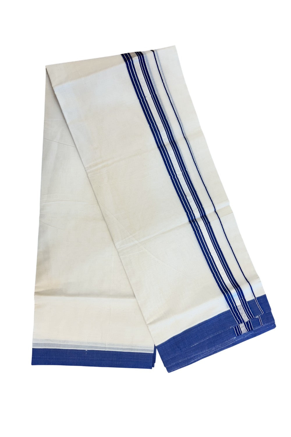20% DISCOUNT! KaithariKada Balaramapuram 100% Cotton Double OFF WHITE (unbleached) Mundu/Dhoti- 100x80- 1.75 inch Silver Kasavu & Dark Blue Stripes Shaded Kara 4 mtr (8.5 muzham) - 92KK5227 PMC