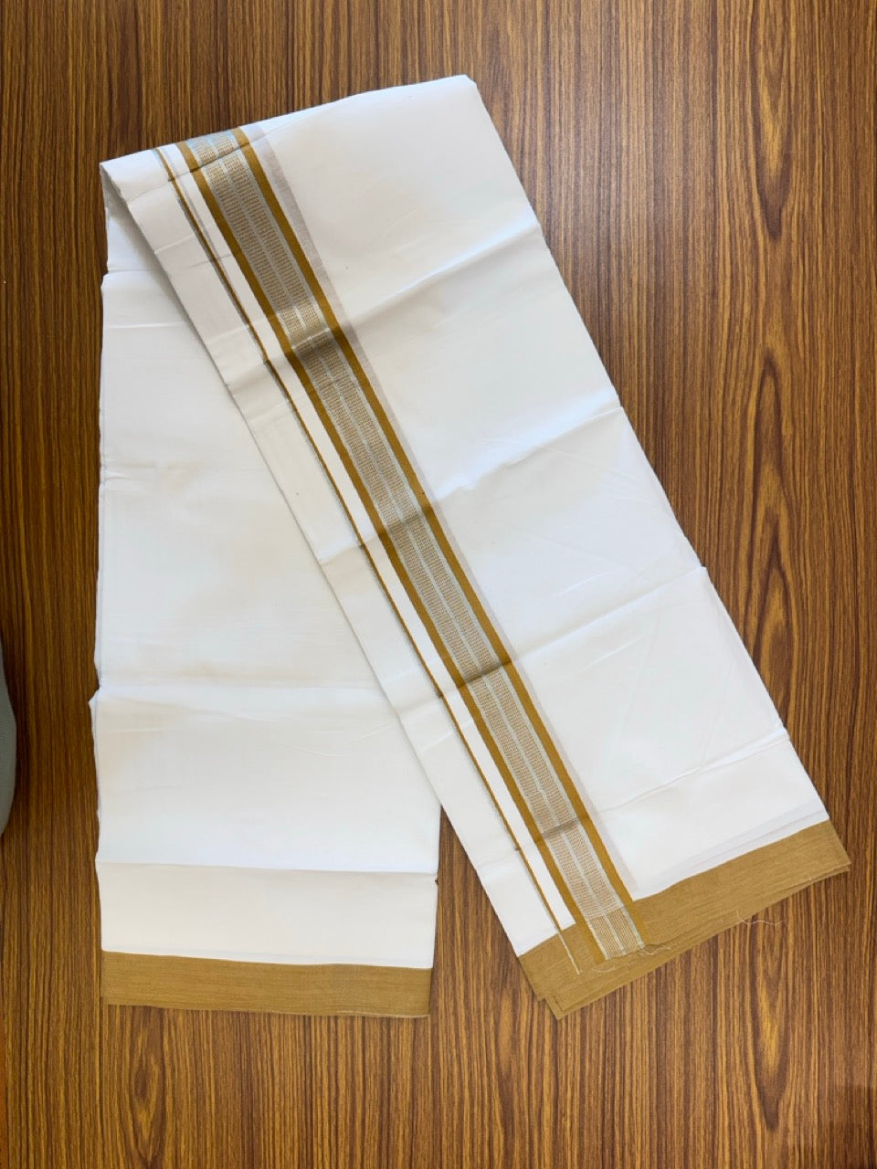 Pure White Double 20% Discount! KaithariKada 100% Cotton Pure Cotton Double Mundu / Dhoti - 100x80 - 1.5 inch Light Brown Jacquard Silver Kasav Kara 3.80 meter (8 muzham) - 93 KK5220 THI