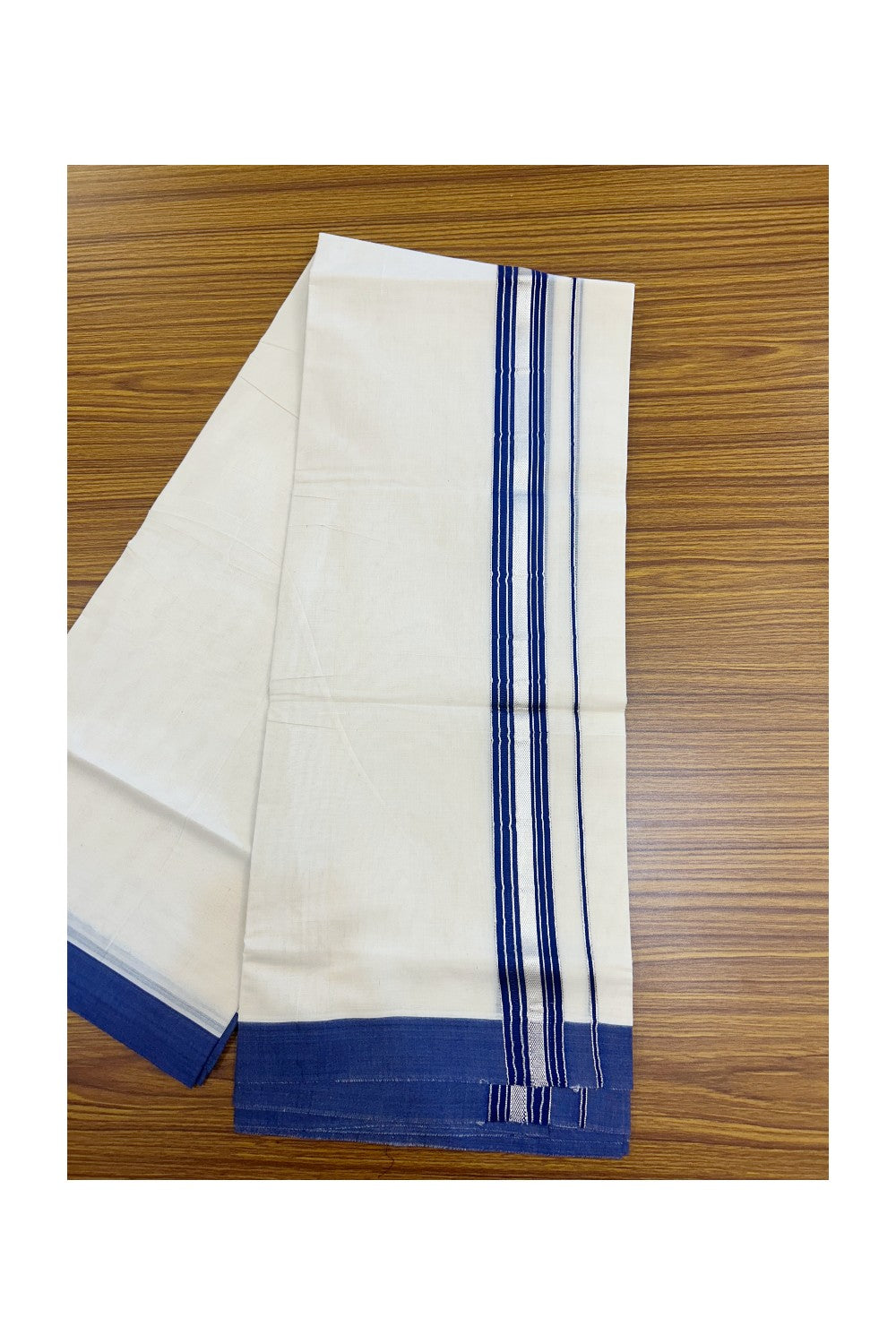 20% DISCOUNT! KaithariKada Balaramapuram 100% Cotton Double OFF WHITE (unbleached) Mundu/Dhoti- 100x80- 1.75 inch Silver Kasavu & Dark Blue Stripes Shaded Kara 4 mtr (8.5 muzham) - 92KK5227 PMC