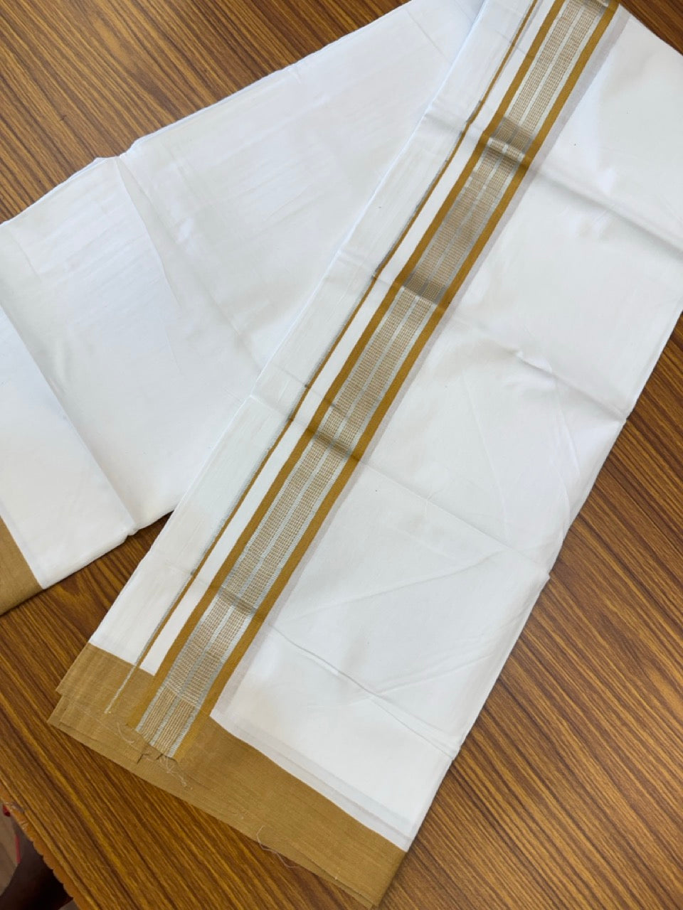 Pure White Double 20% Discount! KaithariKada 100% Cotton Pure Cotton Double Mundu / Dhoti - 100x80 - 1.5 inch Light Brown Jacquard Silver Kasav Kara 3.80 meter (8 muzham) - 93 KK5220 THI