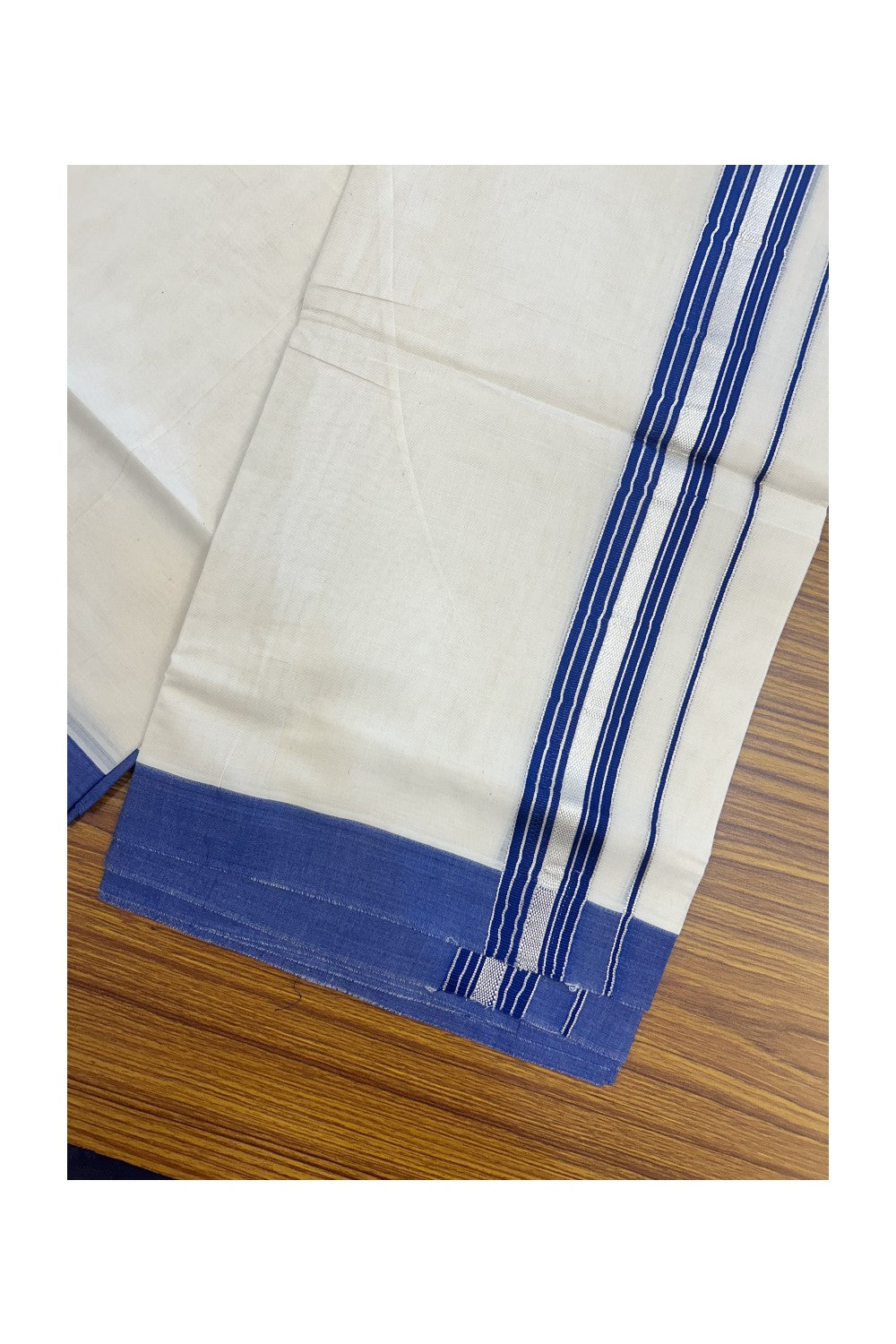 20% DISCOUNT! KaithariKada Balaramapuram 100% Cotton Double OFF WHITE (unbleached) Mundu/Dhoti- 100x80- 1.75 inch Silver Kasavu & Dark Blue Stripes Shaded Kara 4 mtr (8.5 muzham) - 92KK5227 PMC