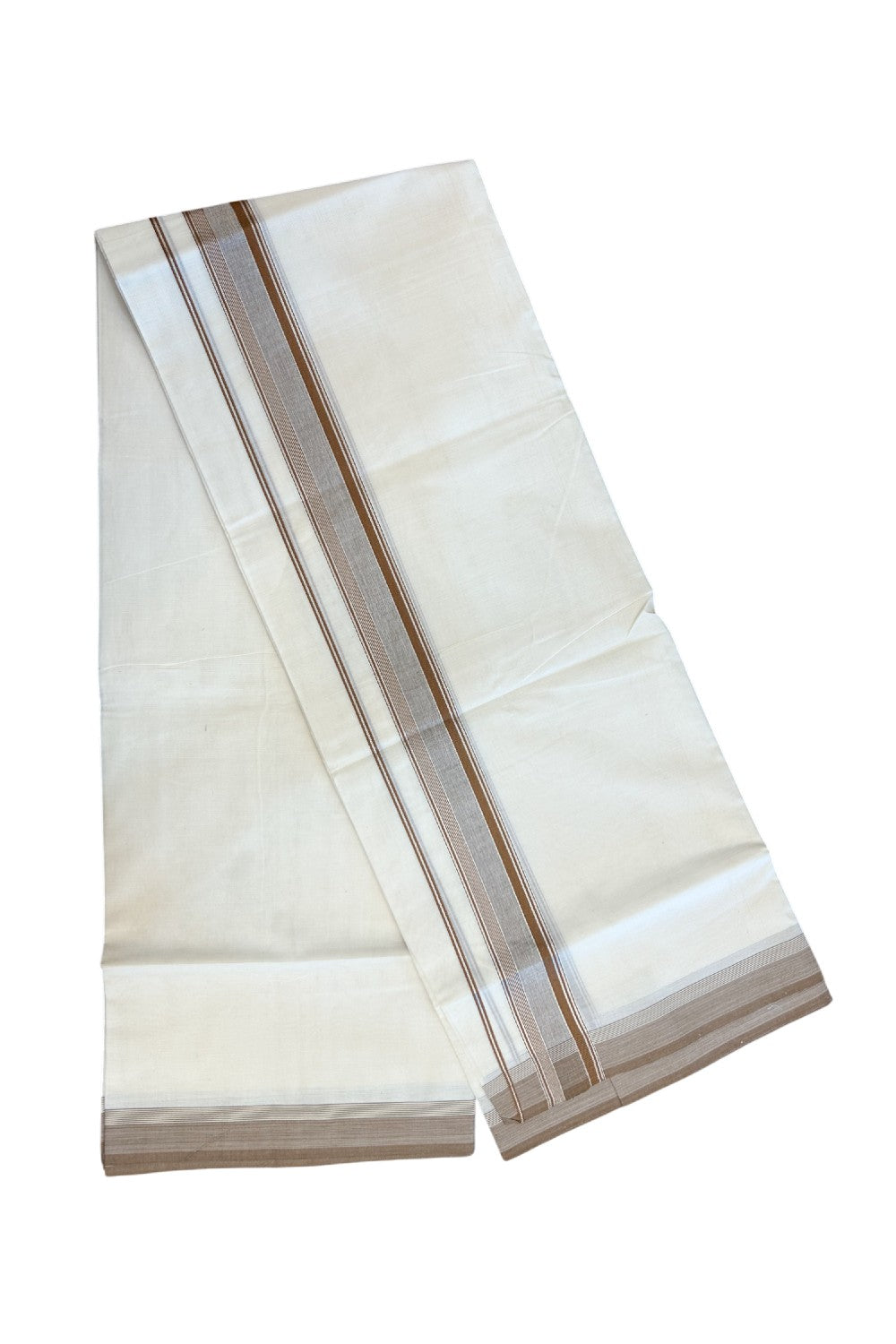 20% DISCOUNT! KaithariKada Balaramapuram 100% Cotton Double OFF WHITE (unbleached) Mundu/Dhoti- 100x80- 1.75 inch Silver Kasavu & Brown Stripes Shaded Kara 4 mtr (8.5 muzham) - 93KK5227 PMC