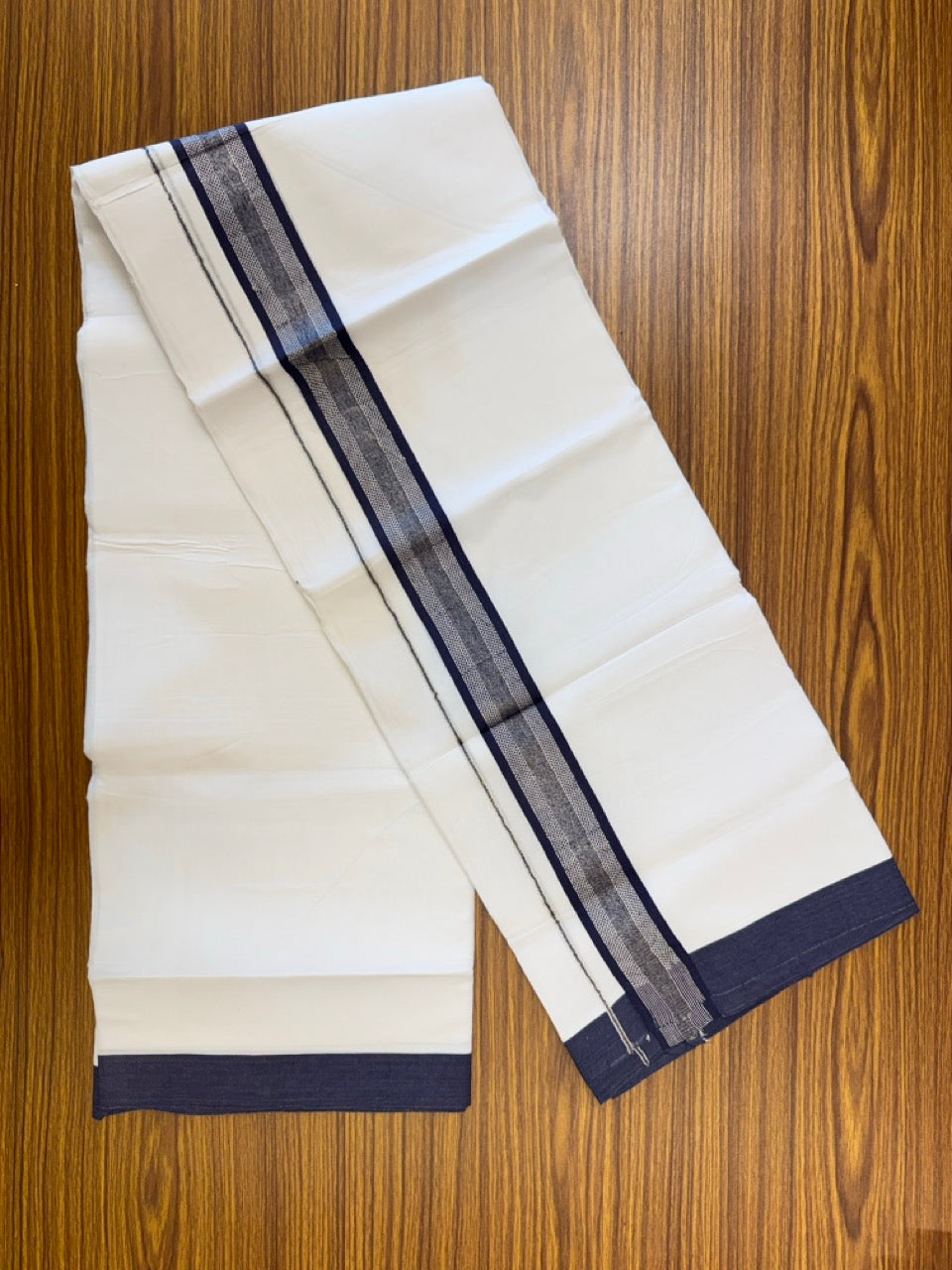 Pure White Double 20% Discount! KaithariKada 100% Cotton Pure Cotton Double Mundu / Dhoti - 100x80 - 1.5 inch Navy Blue Jacquard Silver Kasav Kara 3.80 meter (8 muzham) - 94 KK5220 THI