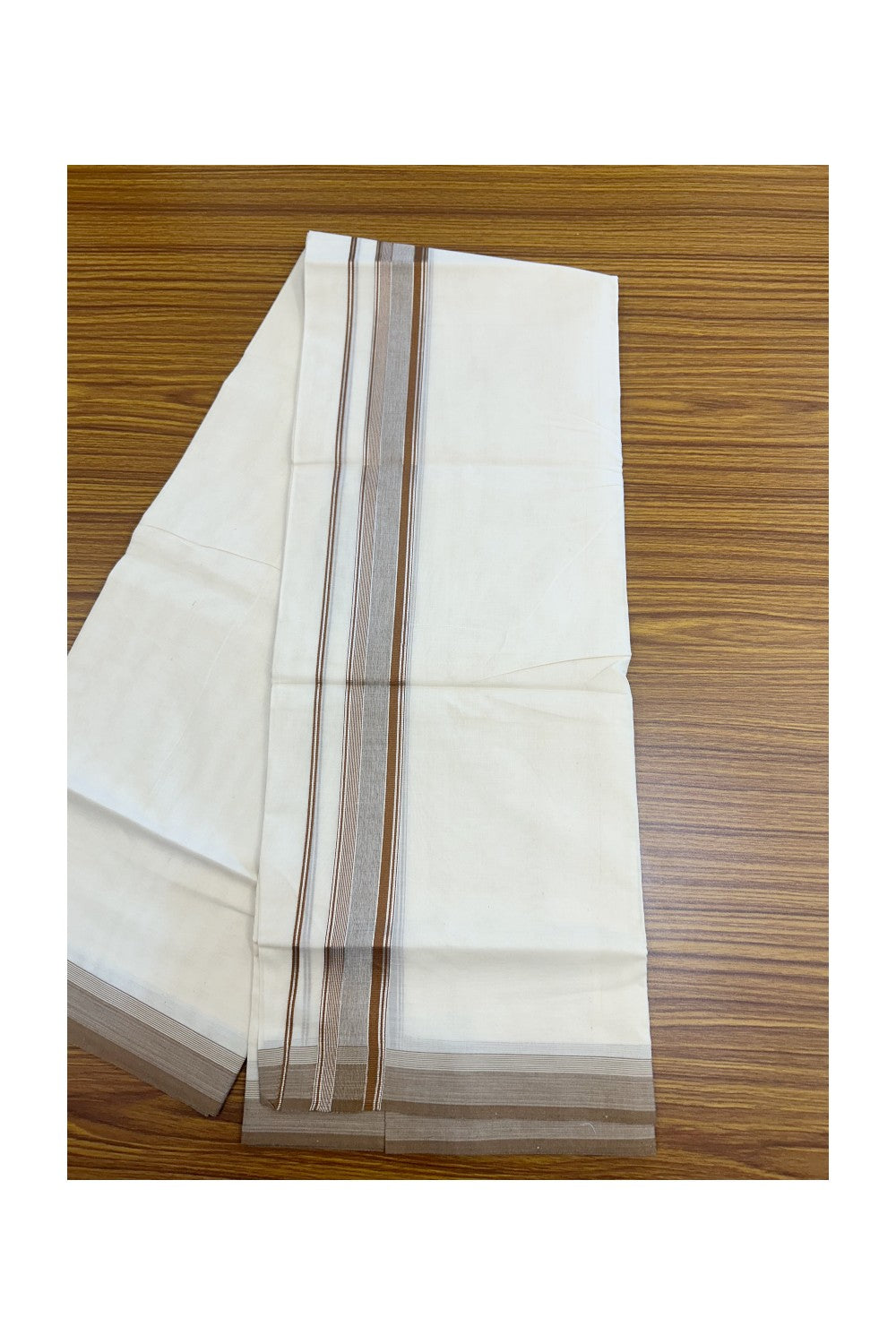 20% DISCOUNT! KaithariKada Balaramapuram 100% Cotton Double OFF WHITE (unbleached) Mundu/Dhoti- 100x80- 1.75 inch Silver Kasavu & Brown Stripes Shaded Kara 4 mtr (8.5 muzham) - 93KK5227 PMC